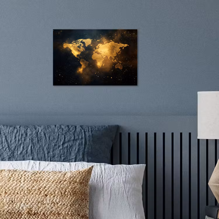 Wereldkaart - Gouden lichtpuntjes - Zwart poster papier klein -sfeer2