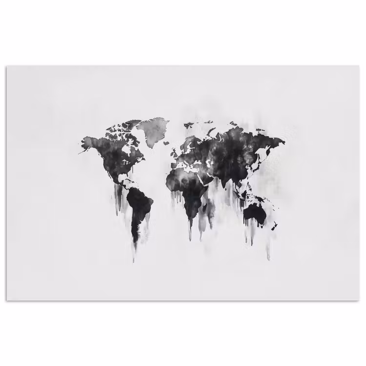Wereldkaart - Grijs - Zwart - Inkt poster papier klein -3d
