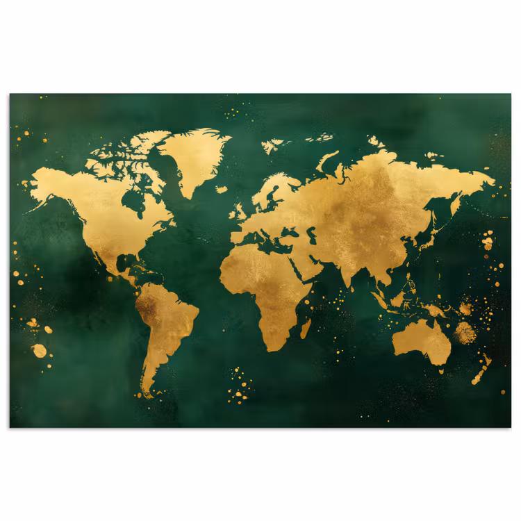 Wereldkaart - Groen - Goud poster papier klein -3d