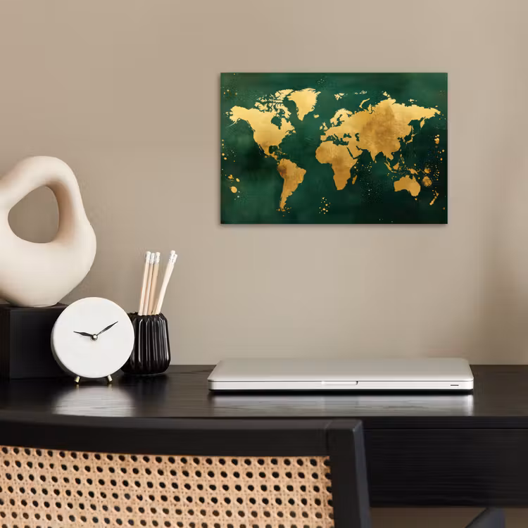 Wereldkaart - Groen - Goud poster papier klein -sfeer1