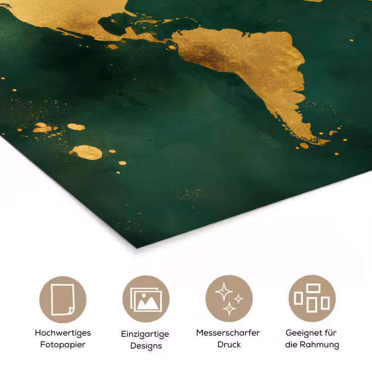 Wereldkaart - Groen - Goud poster papier klein -tcloseup_DE