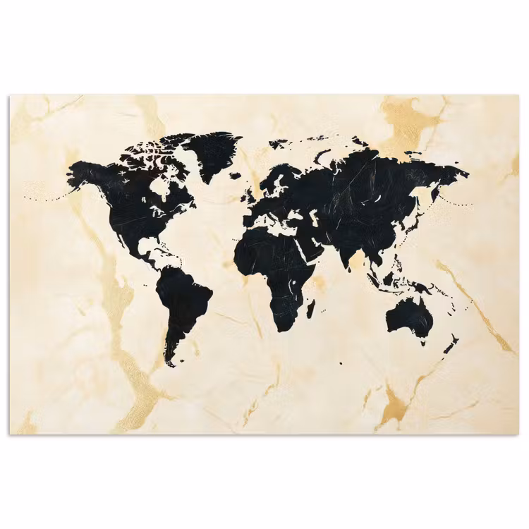 Wereldkaart - Licht marmer - Zwart poster papier klein -3d