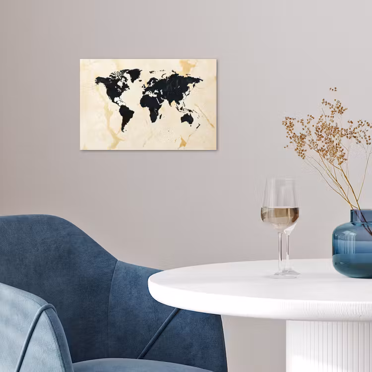 Wereldkaart - Licht marmer - Zwart poster papier klein -sfeer3