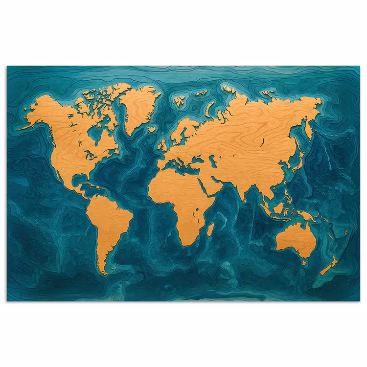 Wereldkaart - Houtsnede - Turkooisblauw poster papier klein -3d