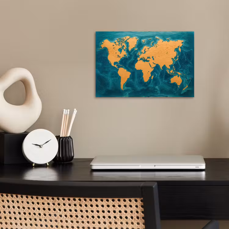 Wereldkaart - Houtsnede - Turkooisblauw poster papier klein -sfeer1