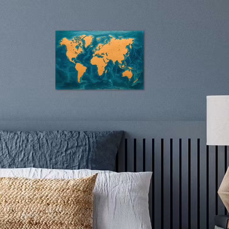 Wereldkaart - Houtsnede - Turkooisblauw poster papier klein -sfeer2