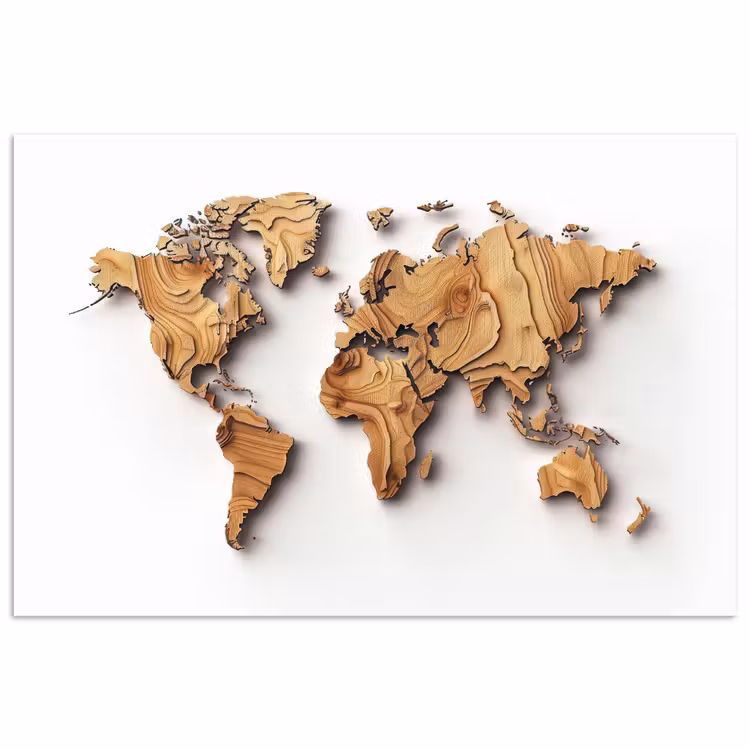 Wereldkaart - Houtstructuur - Artistiek poster papier klein -3d