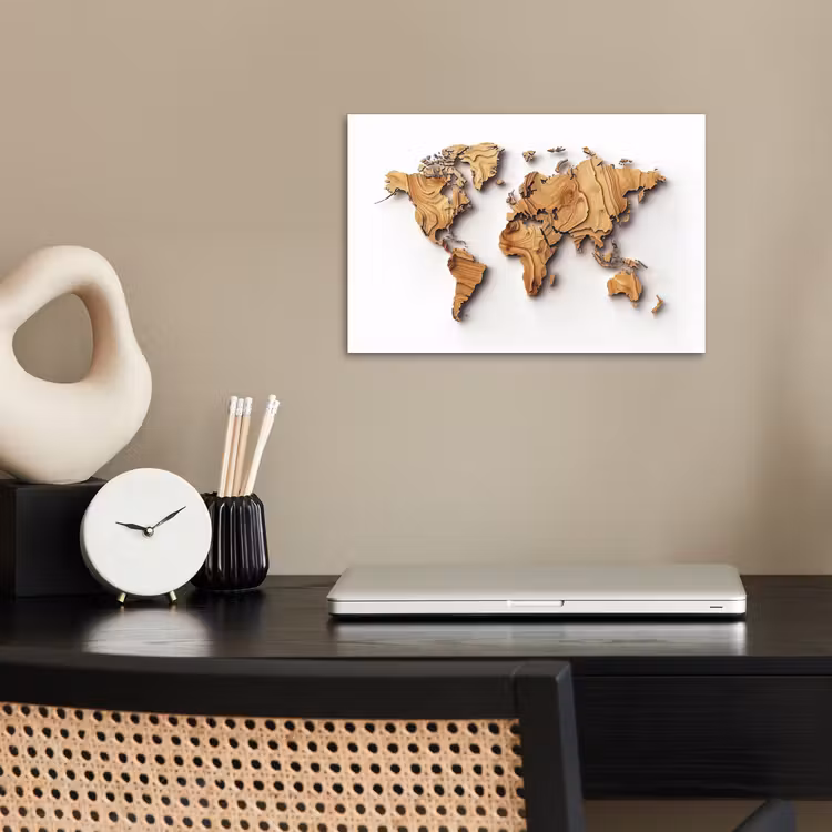 Wereldkaart - Houtstructuur - Artistiek poster papier klein -sfeer1