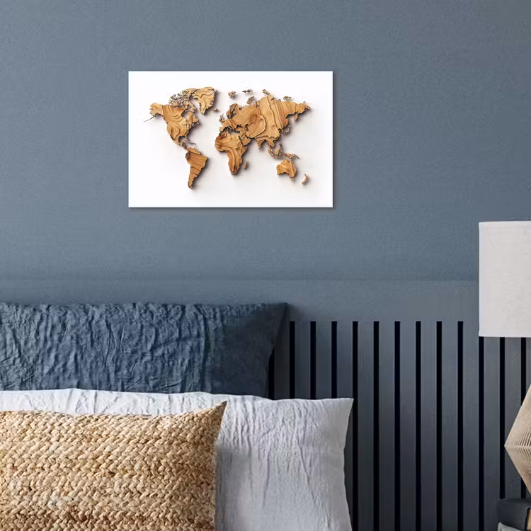 Wereldkaart - Houtstructuur - Artistiek poster papier klein -sfeer2