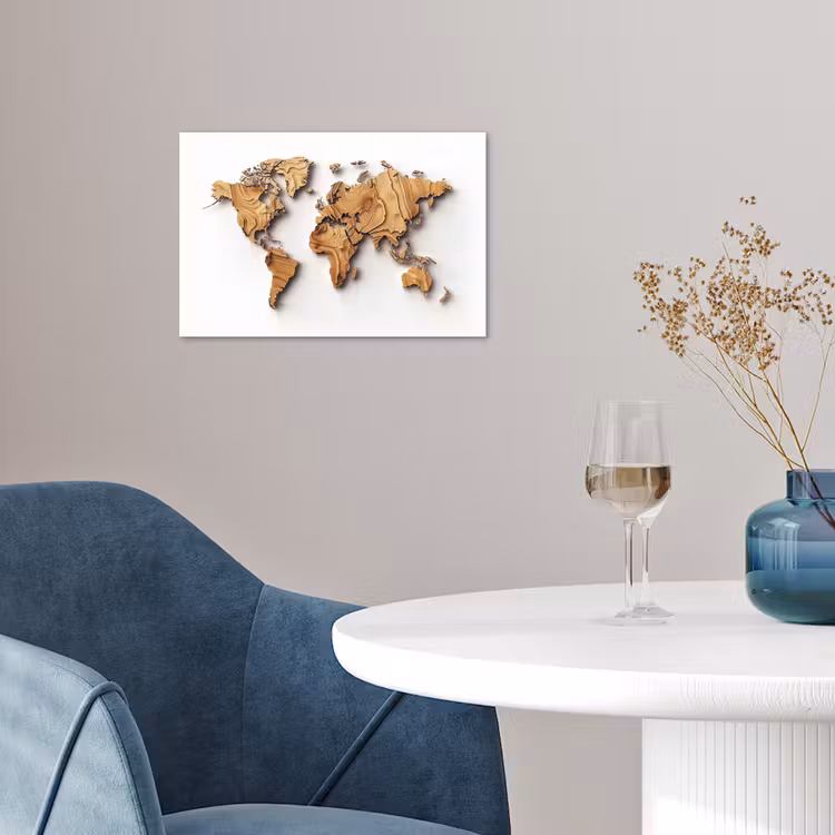 Wereldkaart - Houtstructuur - Artistiek poster papier klein -sfeer3