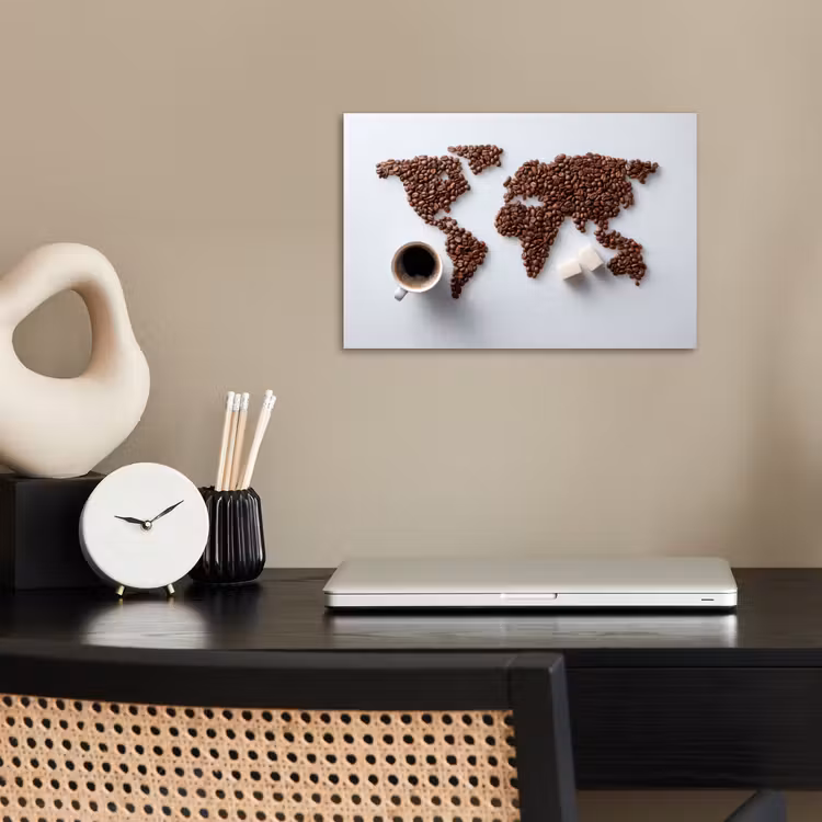 Wereldkaart - Koffiebonen - Suikerklontjes poster papier klein -sfeer1