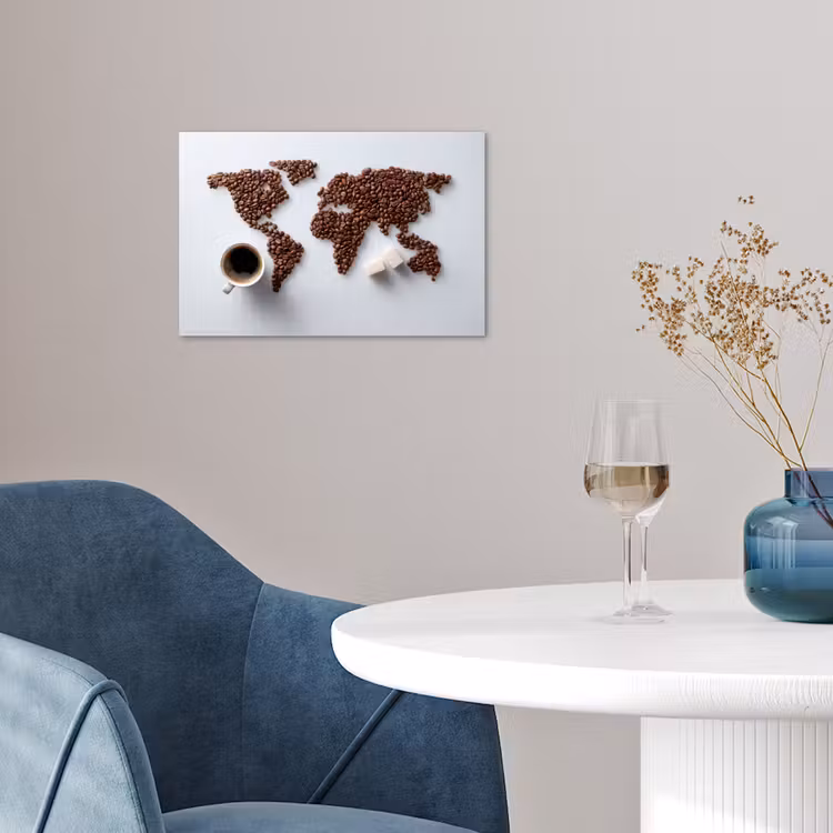 Wereldkaart - Koffiebonen - Suikerklontjes poster papier klein -sfeer3
