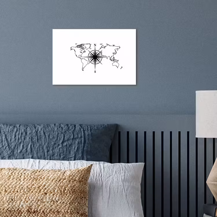 Wereldkaart - Kompas - Zwart - Wit poster papier klein -sfeer2