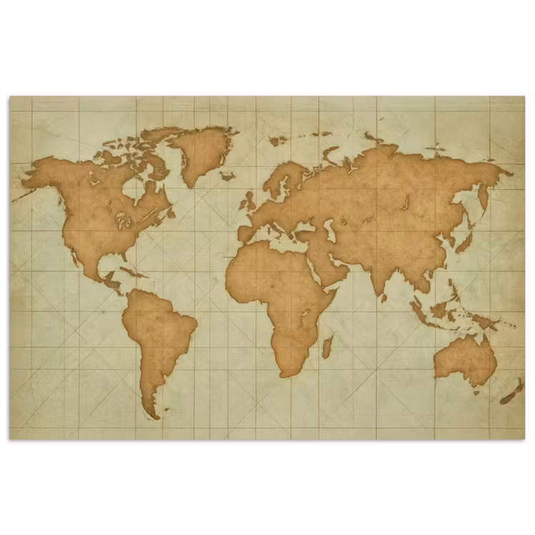 Wereldkaart - Kompasraster -Ruw poster papier klein -3d