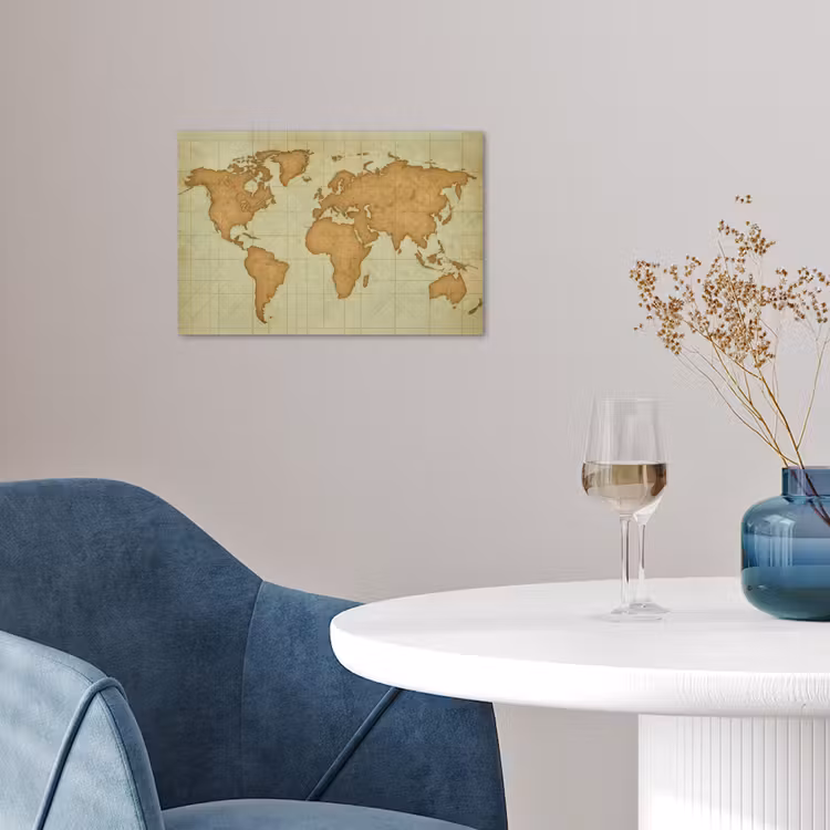 Wereldkaart - Kompasraster -Ruw poster papier klein -sfeer3