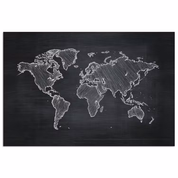 Wereldkaart - Krijt - Zwart - minimalistisch poster papier klein -3d