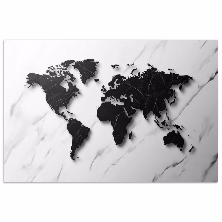 Wereldkaart - Marmer - Wit - Zwart poster papier klein -3d