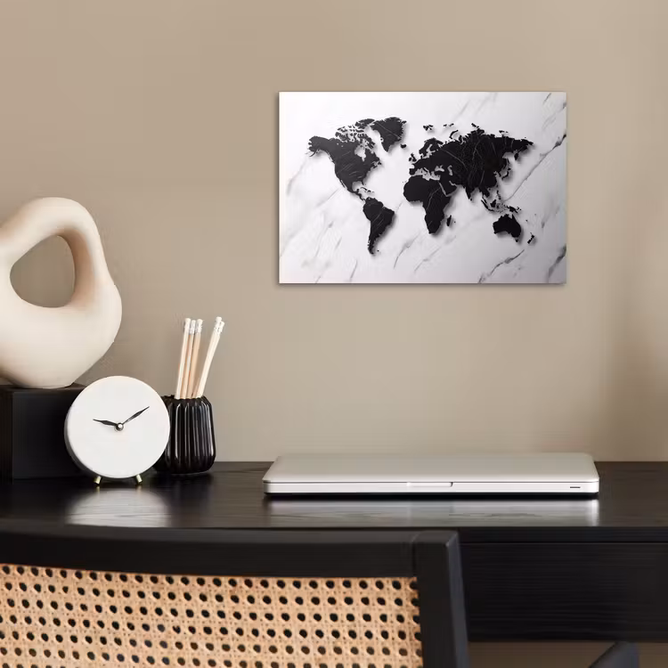 Wereldkaart - Marmer - Wit - Zwart poster papier klein -sfeer1