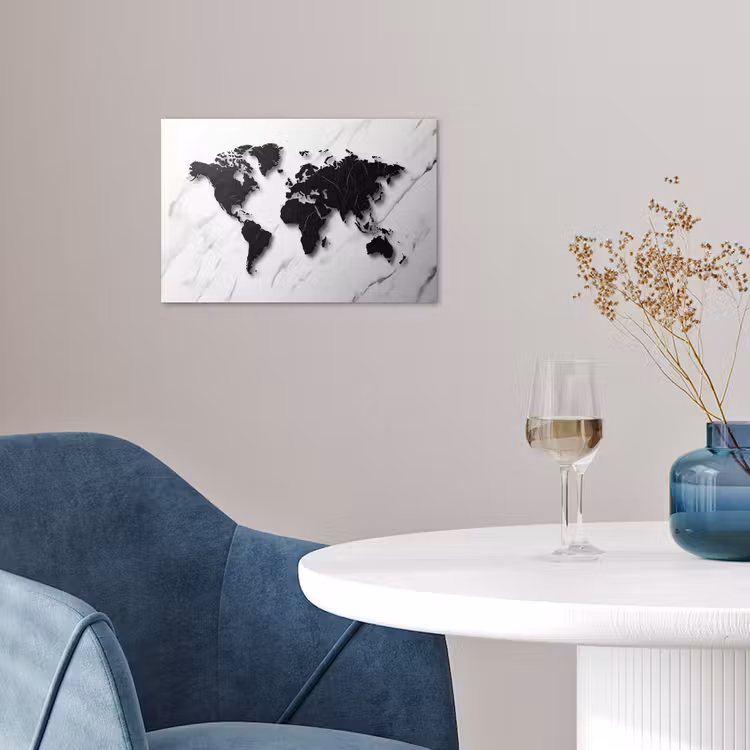 Wereldkaart - Marmer - Wit - Zwart poster papier klein -sfeer3