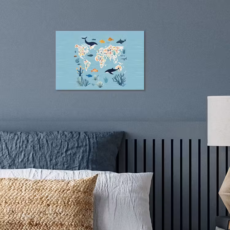 Wereldkaart - Zeeleven - Blauw poster papier klein -sfeer2