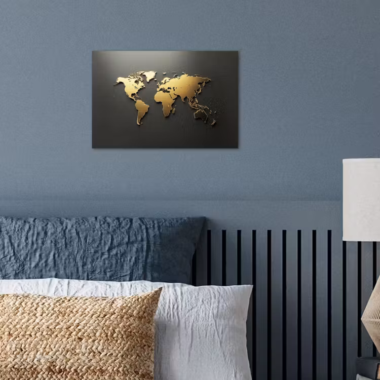 Wereldkaart - Minimalistisch - Gouden afwerking poster papier klein -sfeer2