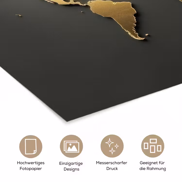 Wereldkaart - Minimalistisch - Gouden afwerking poster papier klein -tcloseup_DE