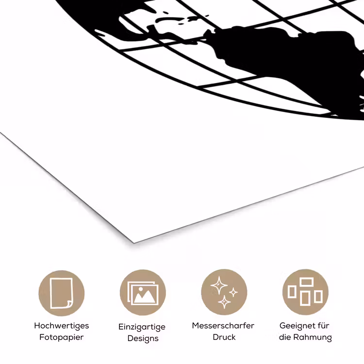 Wereldkaart - Minimalistisch - Zwart - Wit poster papier klein -tcloseup_DE