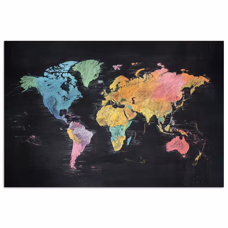 Wereldkaart - Krijtstrepen - Regenboog poster papier klein -3d
