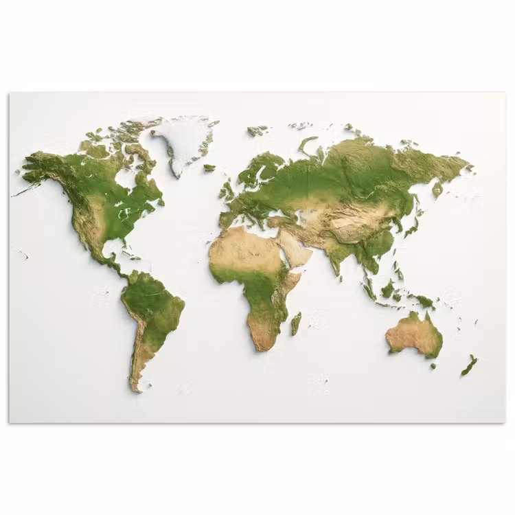 Wereldkaart - Natuurlijke kleuren - reliëfstijl poster papier klein -3d