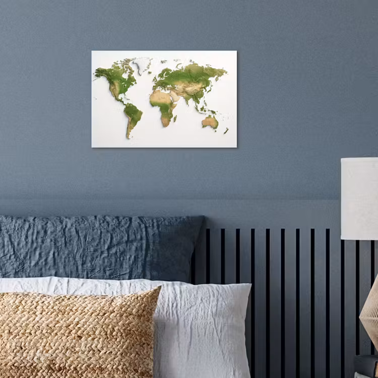 Wereldkaart - Natuurlijke kleuren - reliëfstijl poster papier klein -sfeer2