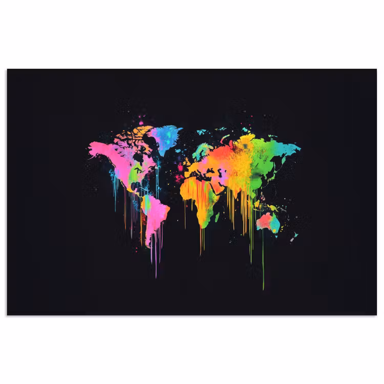 Wereldkaart - Neon - Kleurrijk - Spatten poster papier klein -3d