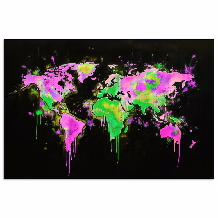 Wereldkaart - Neon - Groen - Roze poster papier klein -3d
