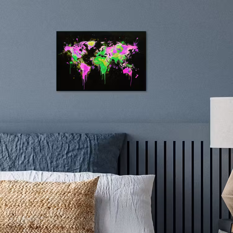 Wereldkaart - Neon - Groen - Roze poster papier klein -sfeer2