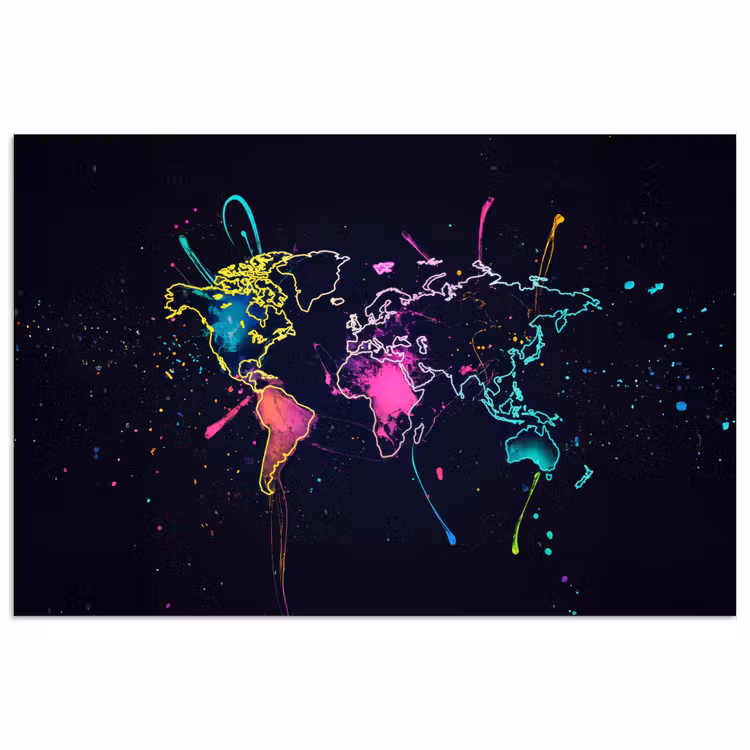 Wereldkaart - Neon - Lijnen - Verspatten poster papier klein -3d