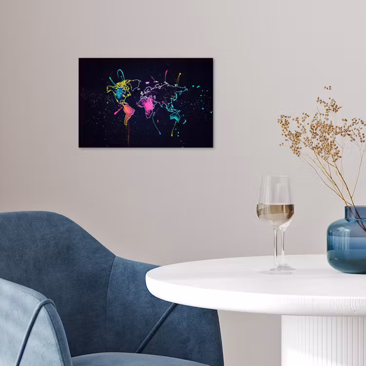 Wereldkaart - Neon - Lijnen - Verspatten poster papier klein -sfeer3