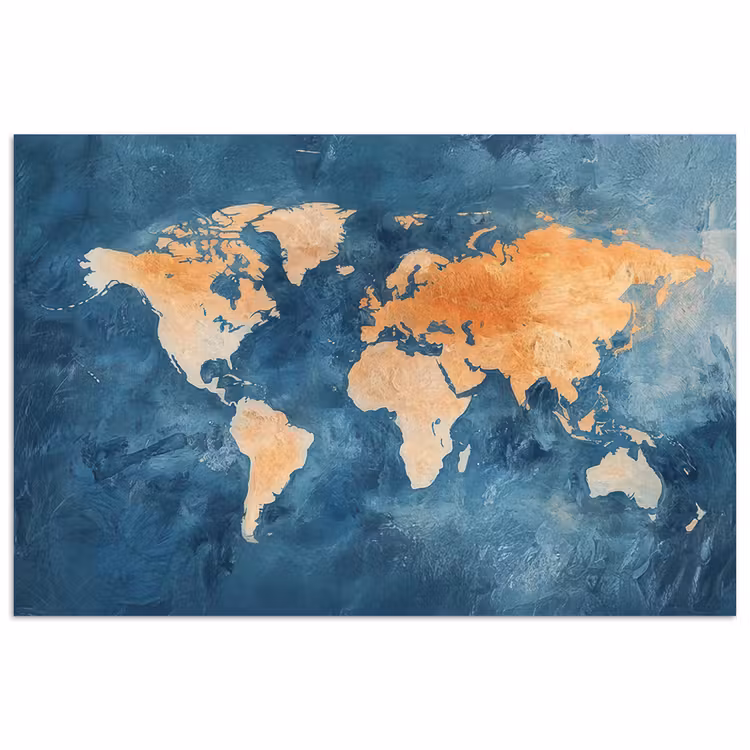 Wereldkaart - Olieverfschilderij - Blauw - Oranje poster papier klein -3d