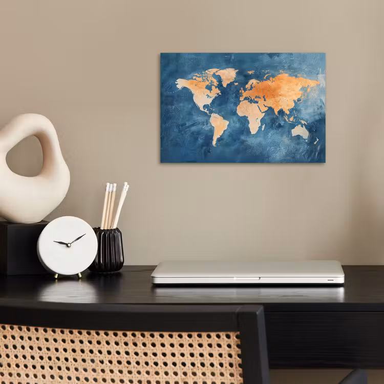 Wereldkaart - Olieverfschilderij - Blauw - Oranje poster papier klein -sfeer1