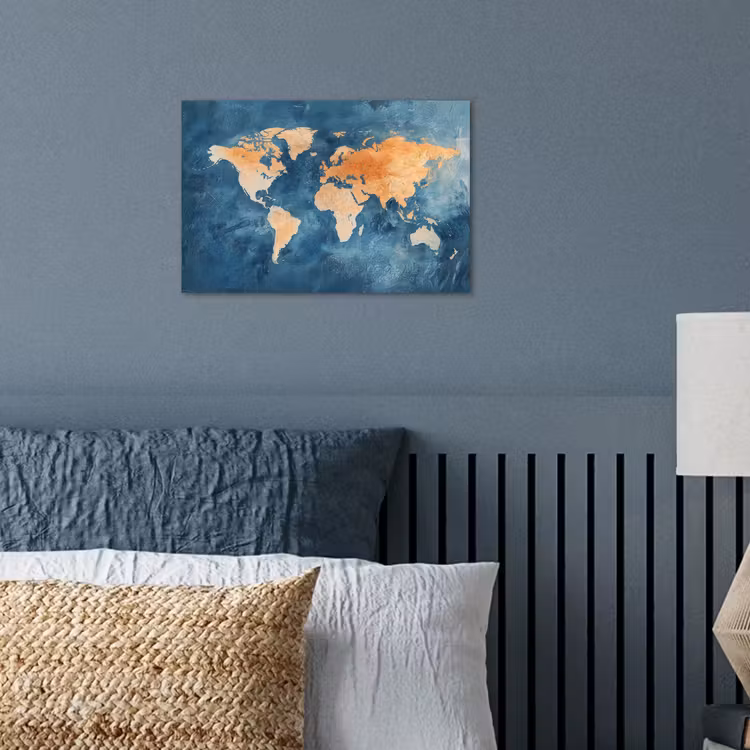 Wereldkaart - Olieverfschilderij - Blauw - Oranje poster papier klein -sfeer2