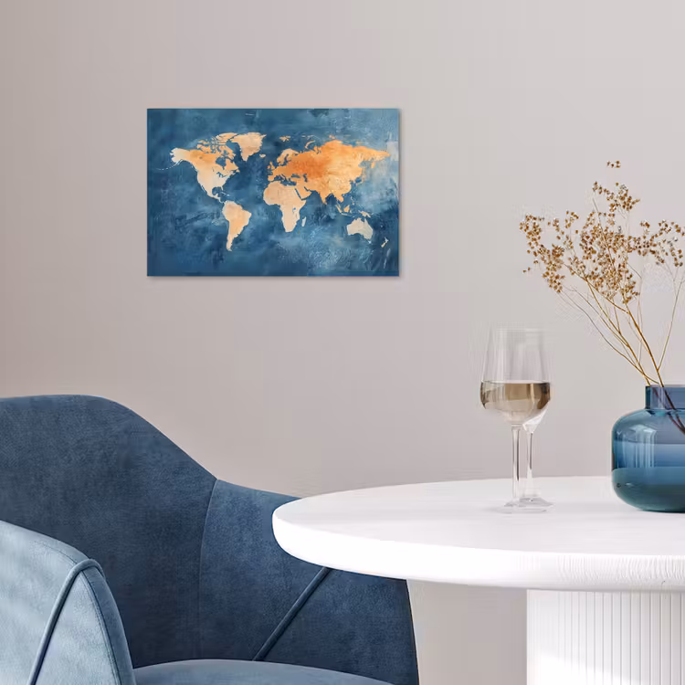 Wereldkaart - Olieverfschilderij - Blauw - Oranje poster papier klein -sfeer3