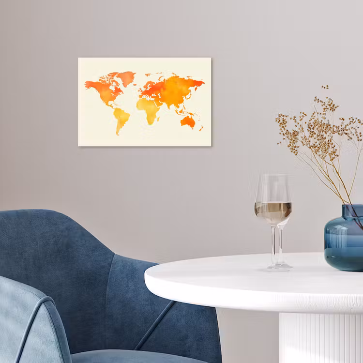 Wereldkaart - Oranje - Kleurrijk poster papier klein -sfeer3