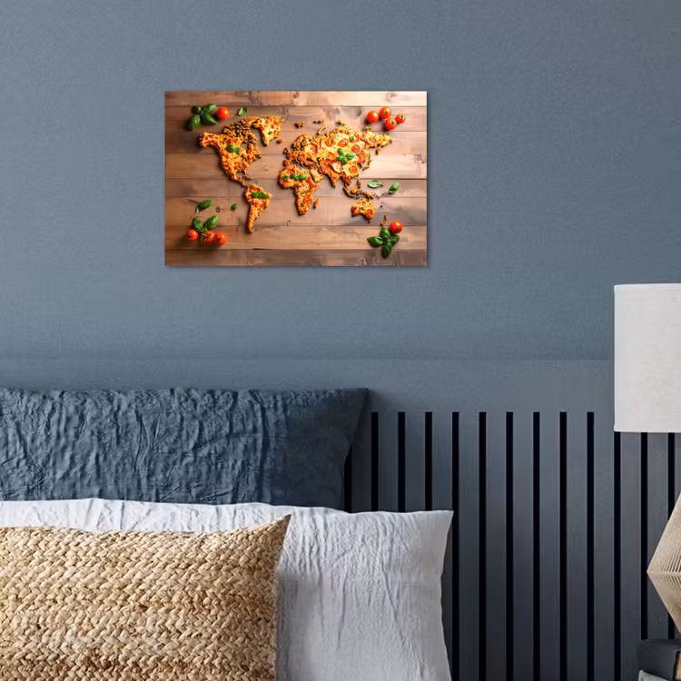 Wereldkaart - Pizza - Houten ondergrond poster papier klein -sfeer2
