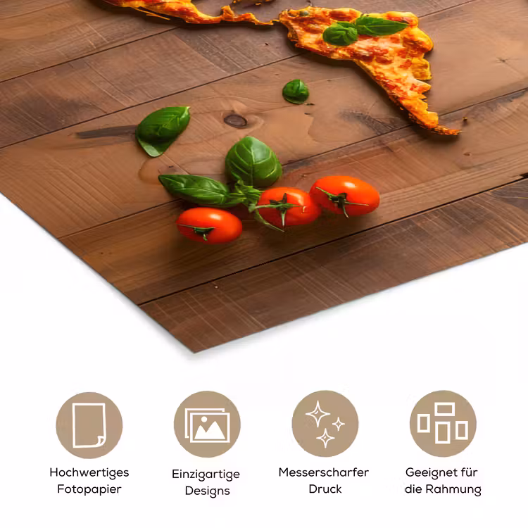 Wereldkaart - Pizza - Houten ondergrond poster papier klein -tcloseup_DE