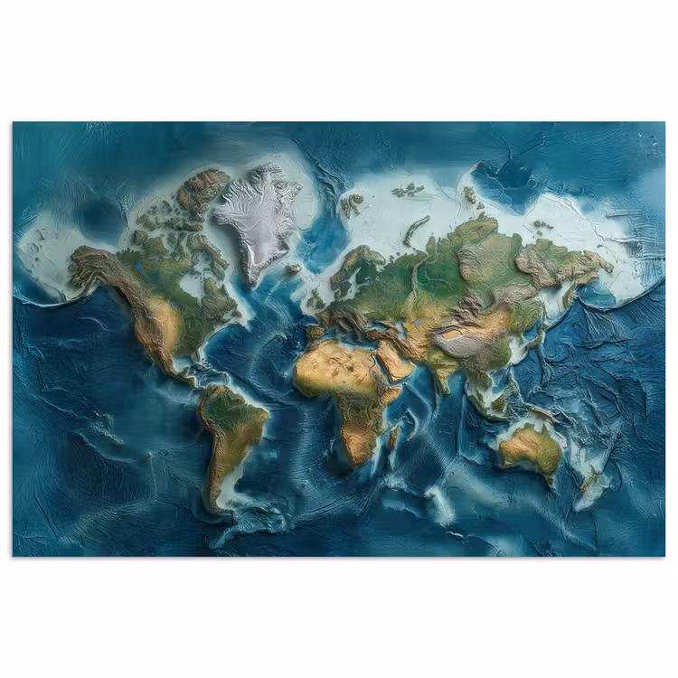 Wereldkaart - Realistisch - Contouren poster papier klein -3d
