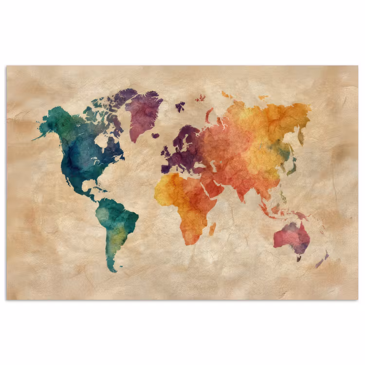 Wereldkaart - Regenboog aquarel - Papierstructuur poster papier klein -3d