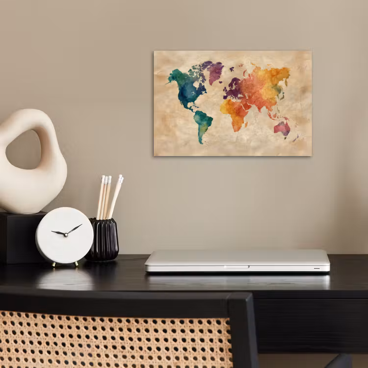 Wereldkaart - Regenboog aquarel - Papierstructuur poster papier klein -sfeer1