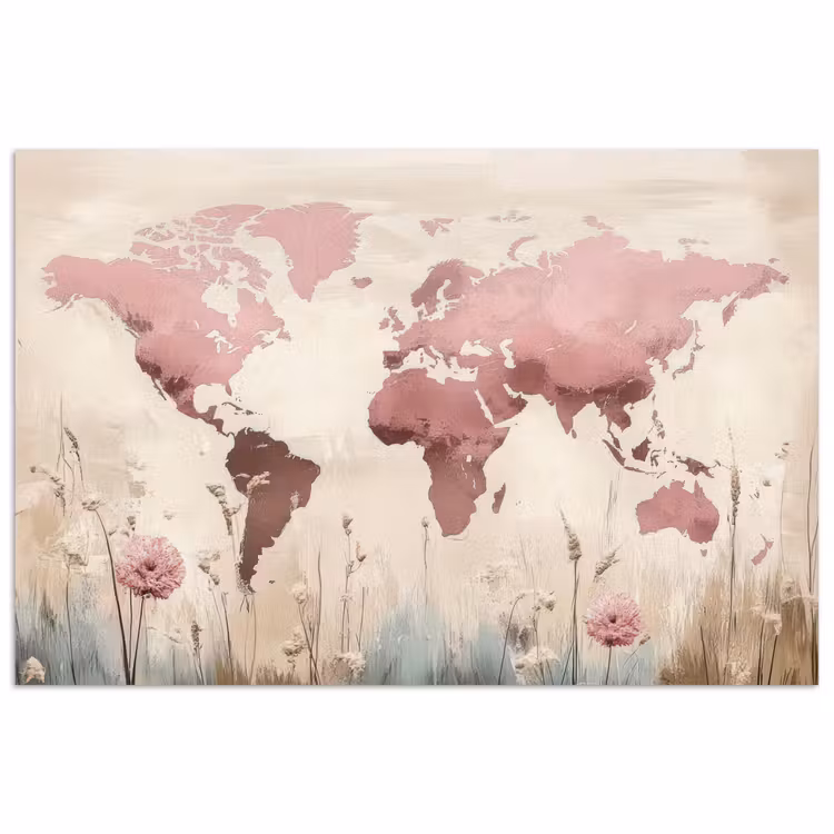 Wereldkaart - Roze - Bloemen poster papier klein -3d