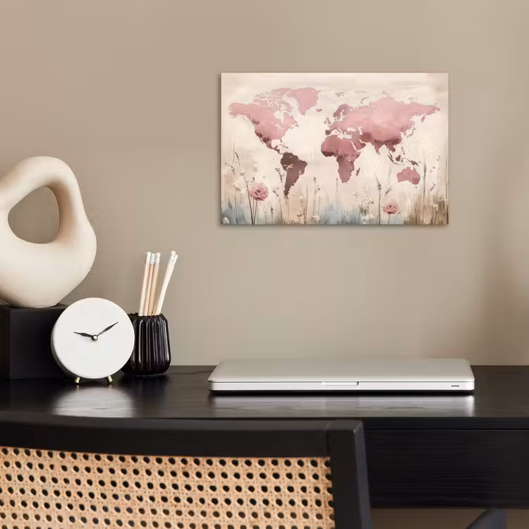 Wereldkaart - Roze - Bloemen poster papier klein -sfeer1