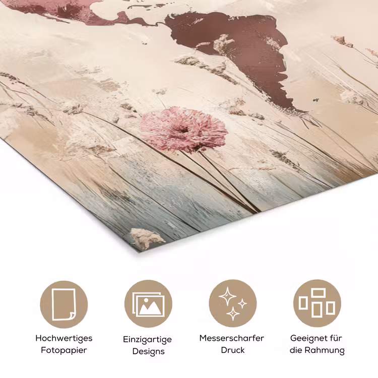Wereldkaart - Roze - Bloemen poster papier klein -tcloseup_DE