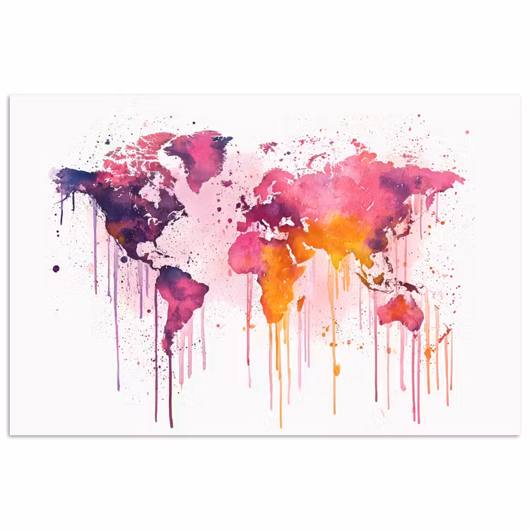Wereldkaart - Roze - Druppels - Verf poster papier klein -3d