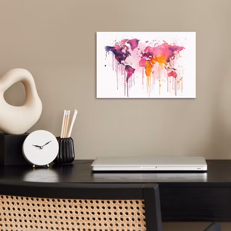 Wereldkaart - Roze - Druppels - Verf poster papier klein -sfeer1